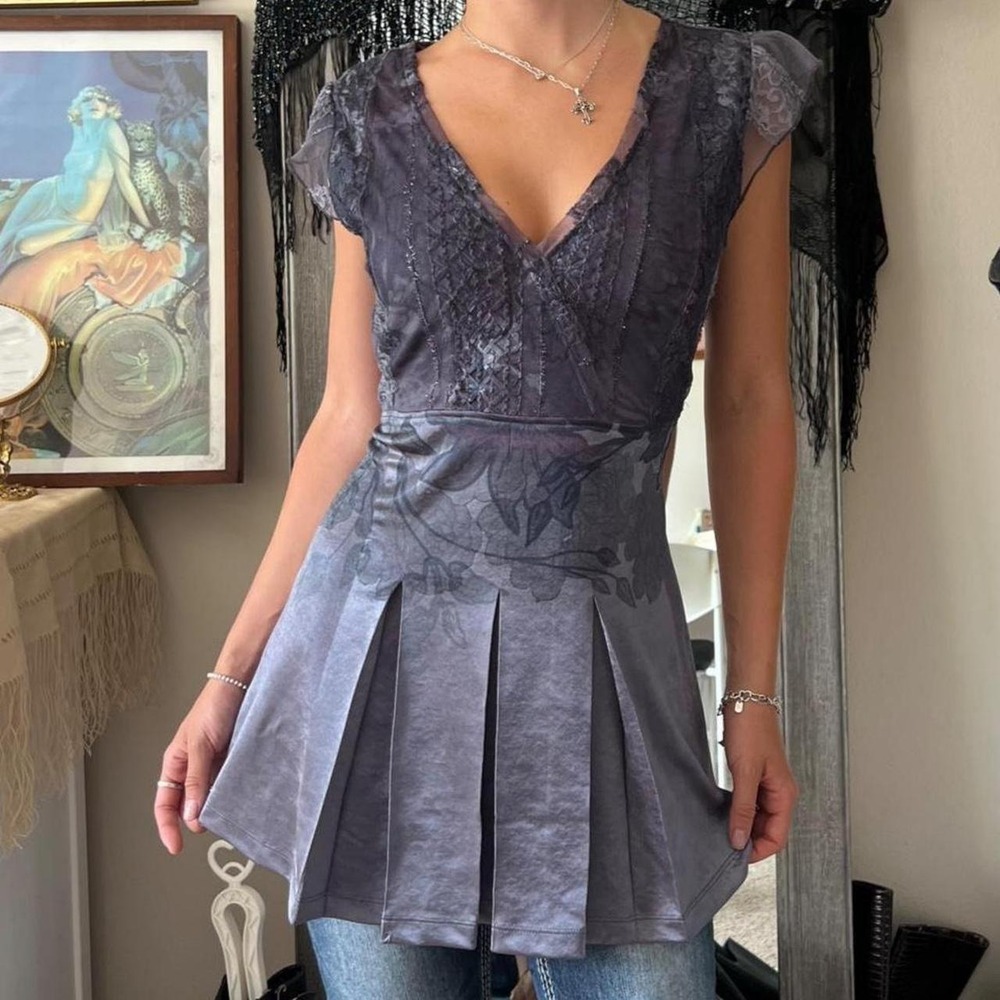 Per Una Speziale Gray Floral Lace Pleated Mini Dress Y2K Fairygrunge Size 10
